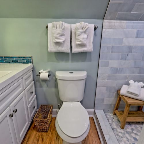 Bathroom and step in shower.