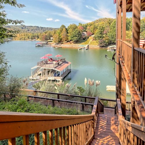 Stairs to private dock with rooftop seating area