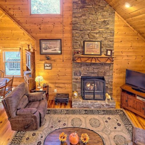 View of living room from the stairway. Now that's a cabin view!