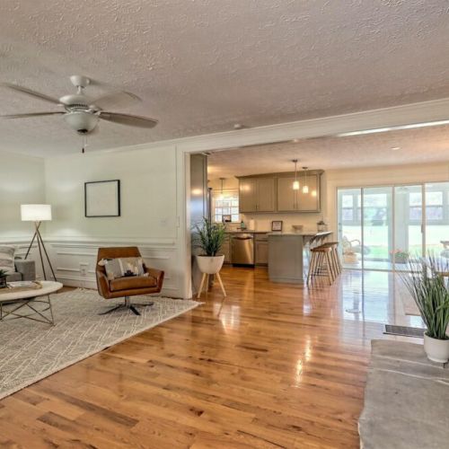 View of the living room and the huge fireplace