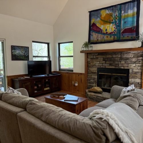 Living room, wood burning fire place.
