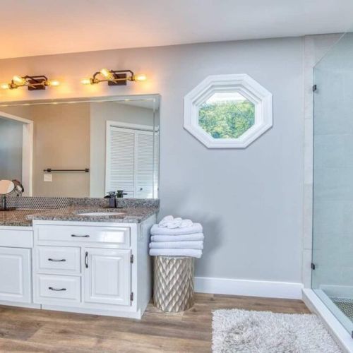 Wonderfully large walk in shower, double  sinks