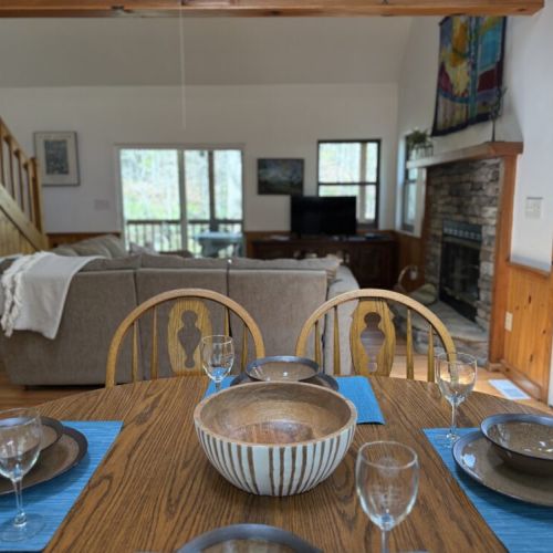 Dining area looking into living room.