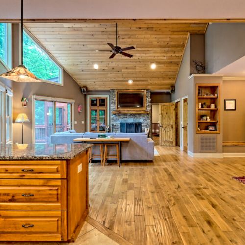 Kitchen looking into living and dining area.