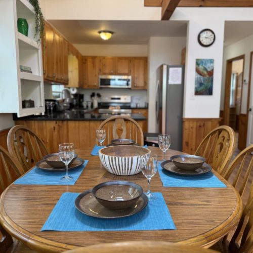 Dining area looking into kitchen.
