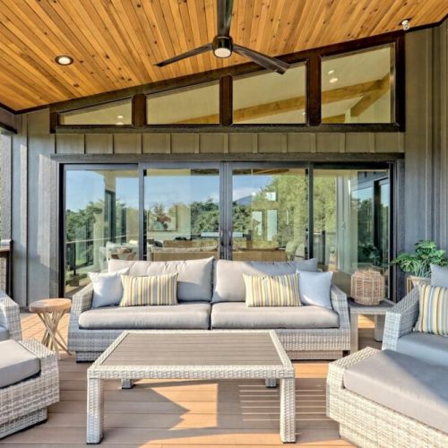 Outdoor seating area on the upper deck