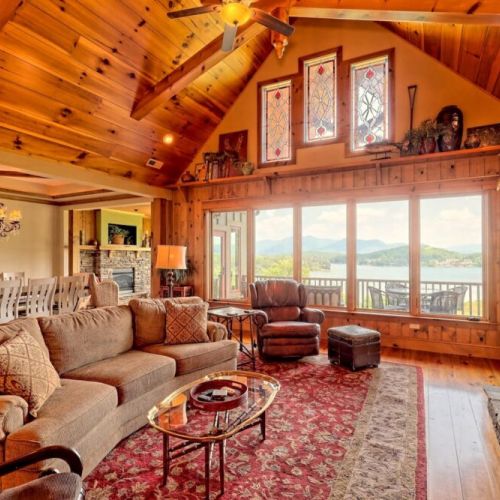 Stunning stained glass windows with vaulted ceilings and stellar views from your comfy living room area
