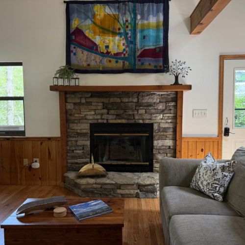 Living room, wood burning fire place.