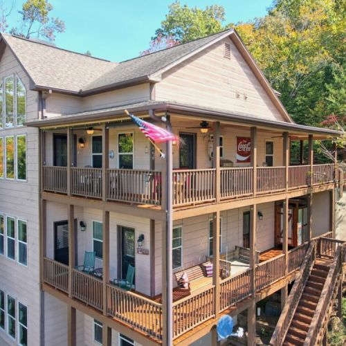 Backside view of both decks and stairs to the dock.